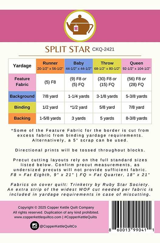Split Star Quilt Pattern by Copper Kettle Quilt Company - Paper Pattern