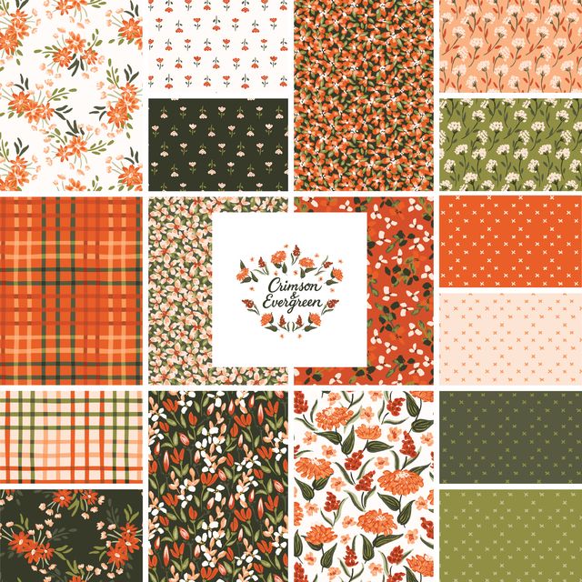 Crimson & Evergreen Fat Quarter bundle | Cloud 9 Fabrics | Kay's Illustrations